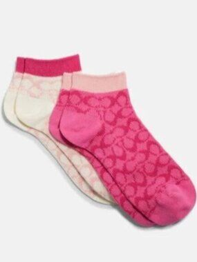 New Coach Set of Two Signature Pink Chalk Ankle Socks Women's Shoe Size 5-10